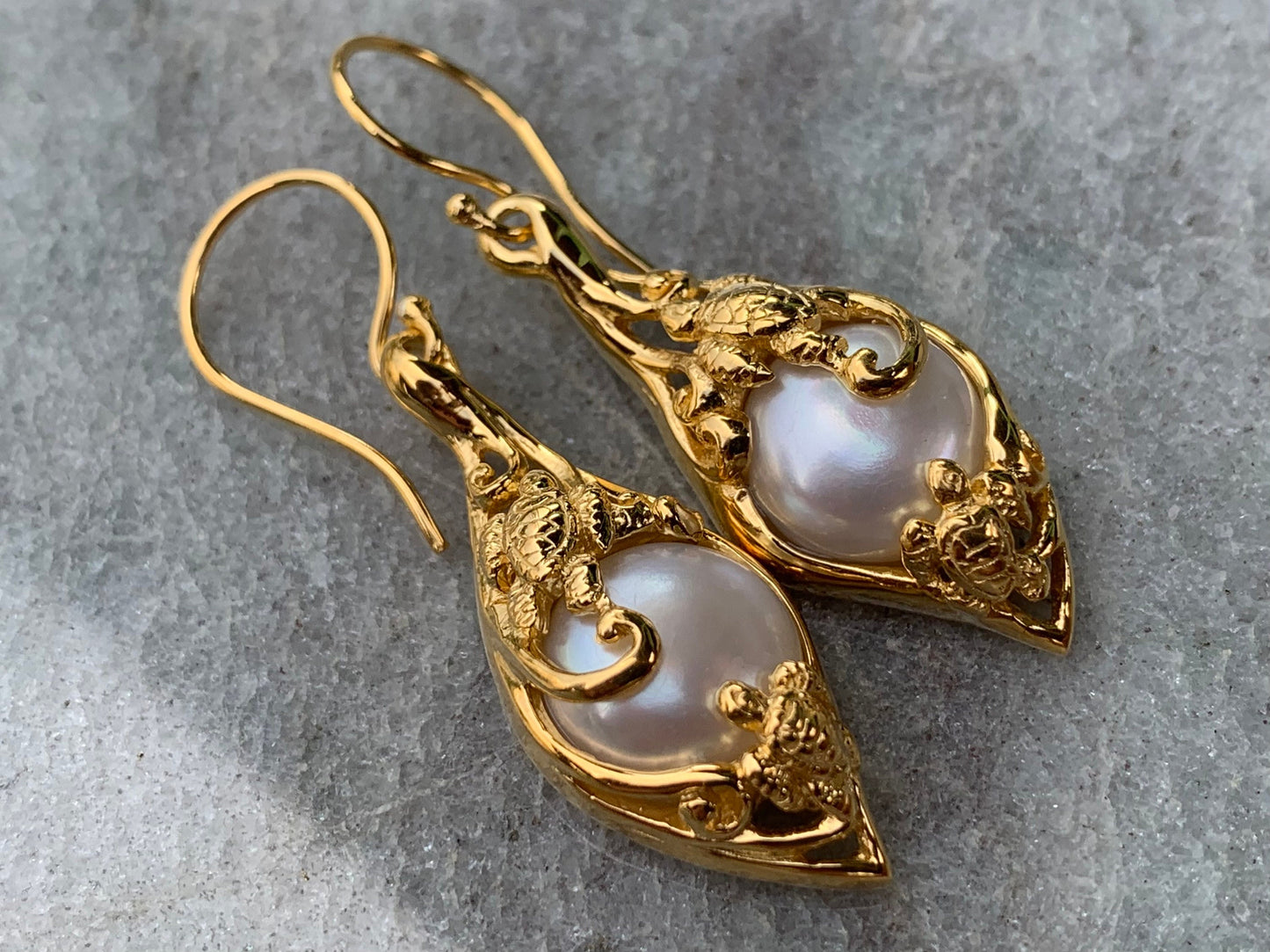 18k gold vermeil white mabe pearl turtle earrings. Hawaiian Honu.