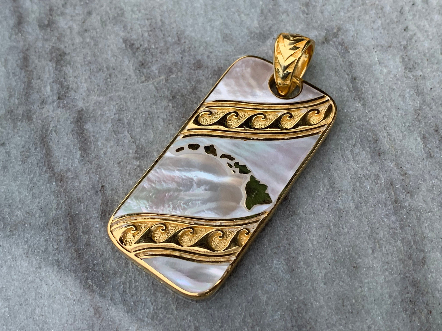 Hawaiian Islands Tribal Design Reversible Pendant Necklace. Sterling Silver, Mother of Pearl.