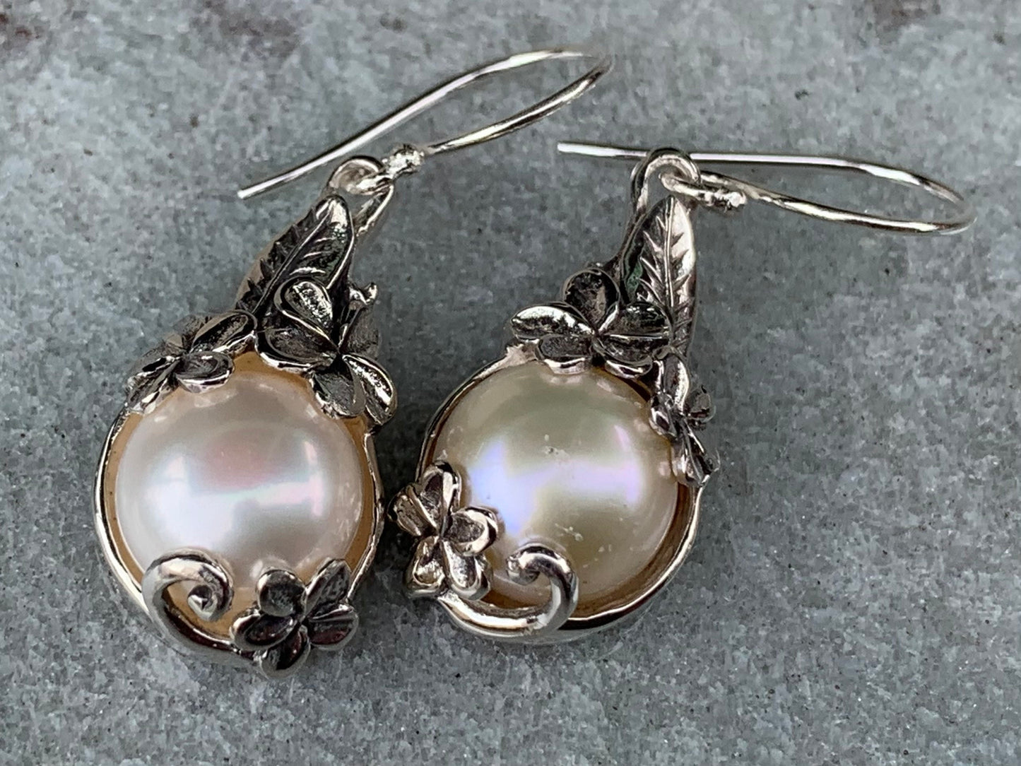 Plumeria Flower White Mabe Pearl Silver Earrings