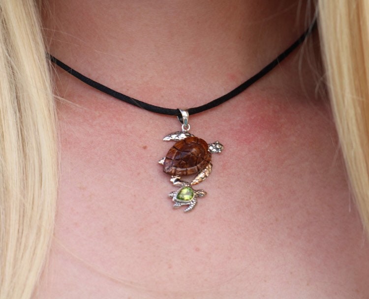 Sea Turtle Necklace Pendant | Koa Wood | Peridot | Sterling Silver | Ocean | Beach | Gift | Jewelry | Handmade | Unique