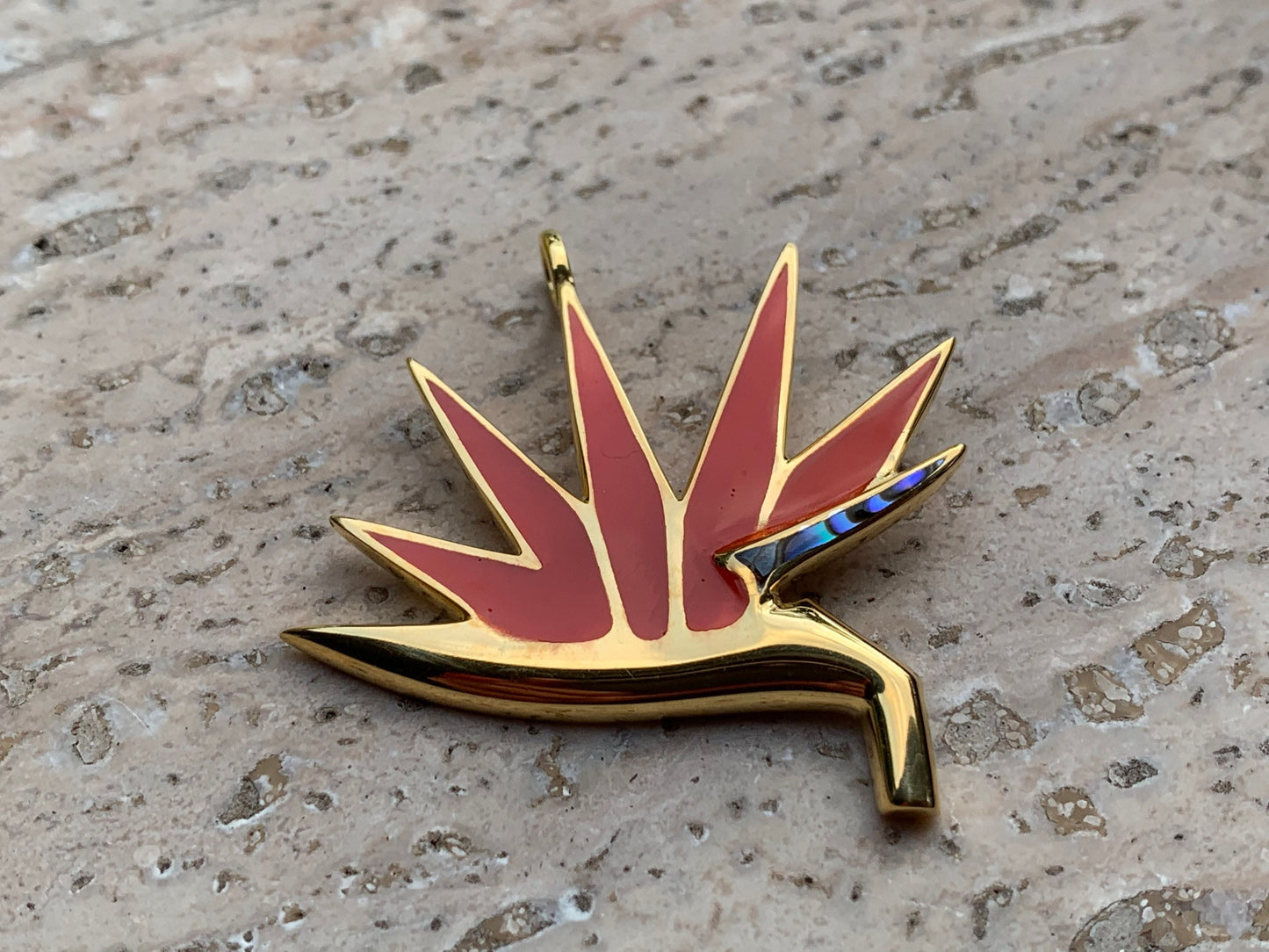 Bird of Paradise 18k Gold Vermeil Flower Necklace Pendant. Red Coral, Sterling Silver, Abalone Shell.