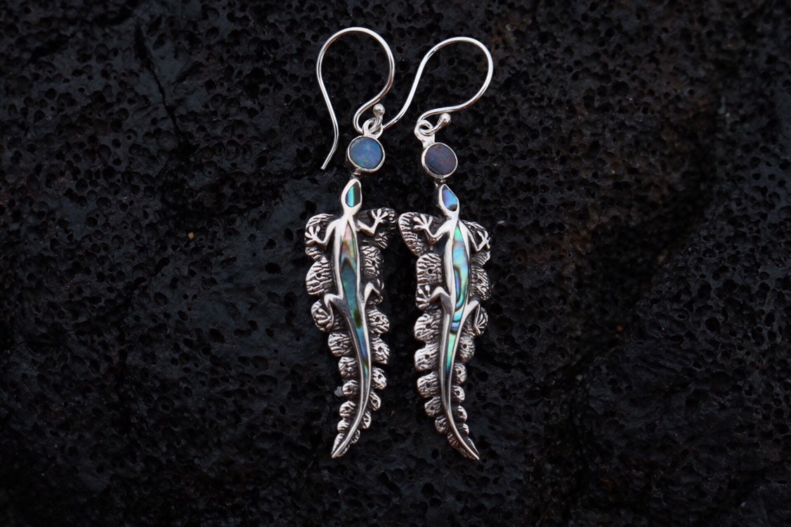 Lizard Salamander Hawaiian Gecko Aumakua Handmade Earrings. Rainbow Opal, Abalone Paua Shell, Sterling Silver.