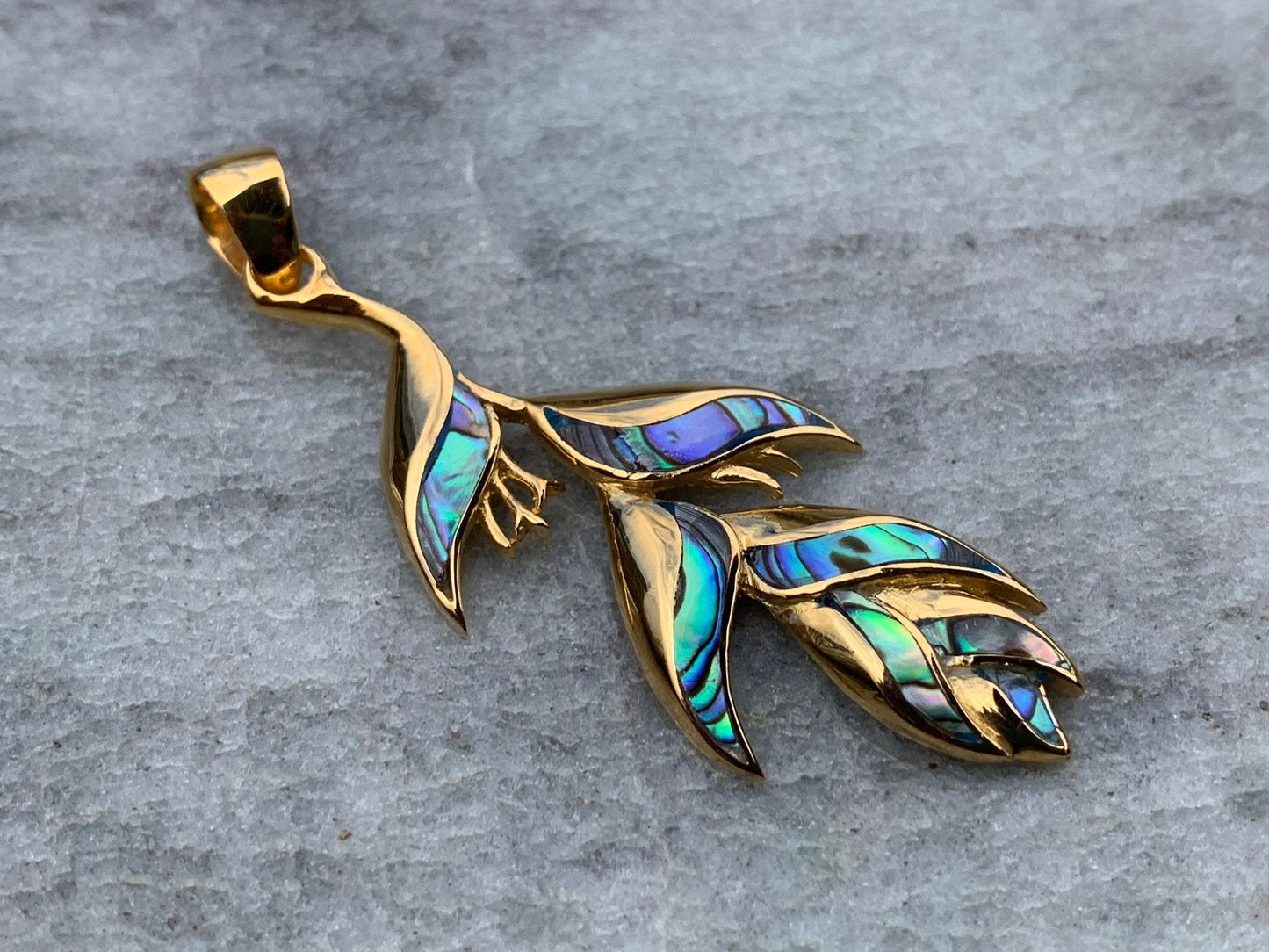 18K Gold Vermeil Heliconia Flower Necklace Pendant. Abalone Shell.
