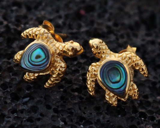 18K Vermeil Turtle Earrings Studs. Abalone Shell.