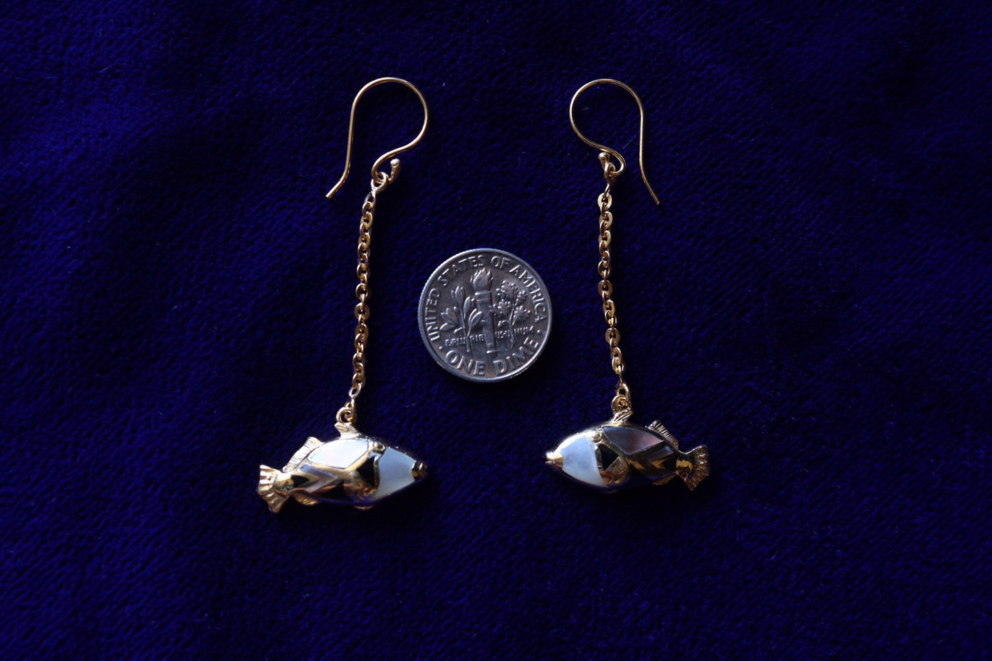 Humuhumunukunukuapua’a (Trigger Fish) Hawaiian State Fish Earrings. 18k Gold Vermeil, Silver, Mother of Pearl.