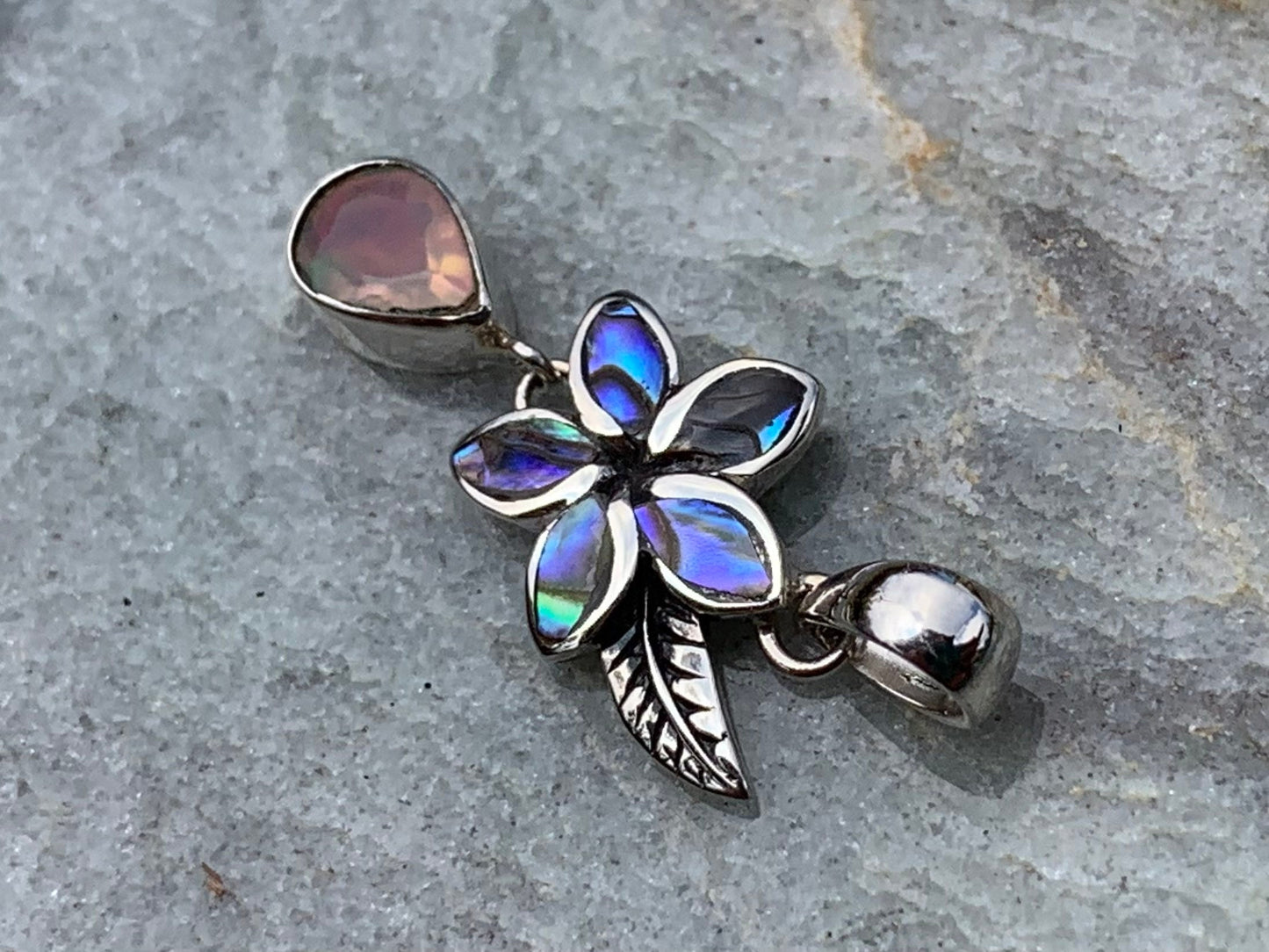 Plumeria Opal Charm Necklace Pendant. Abalone shell, Silver.