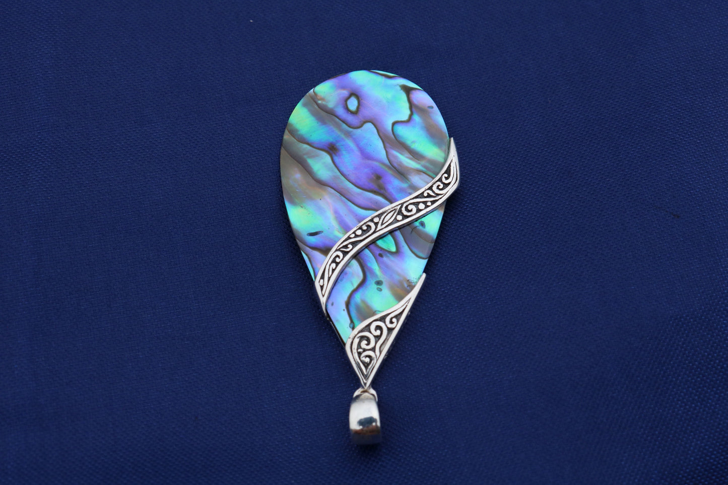 Abalone Paua Shell Teardrop Pendant Necklace Double Tribal Design. Sterling Silver.