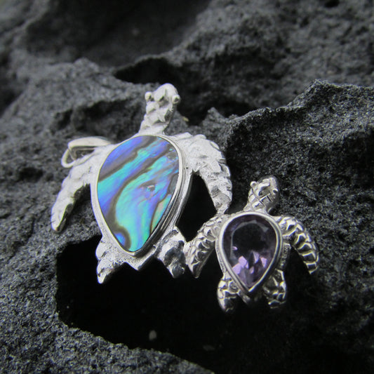 Sea Turtle Necklace Pendant | Paua Abalone Shell | Amethyst | Sterling Silver | Ocean | Beach | Gift | Jewelry | Handmade | Unique
