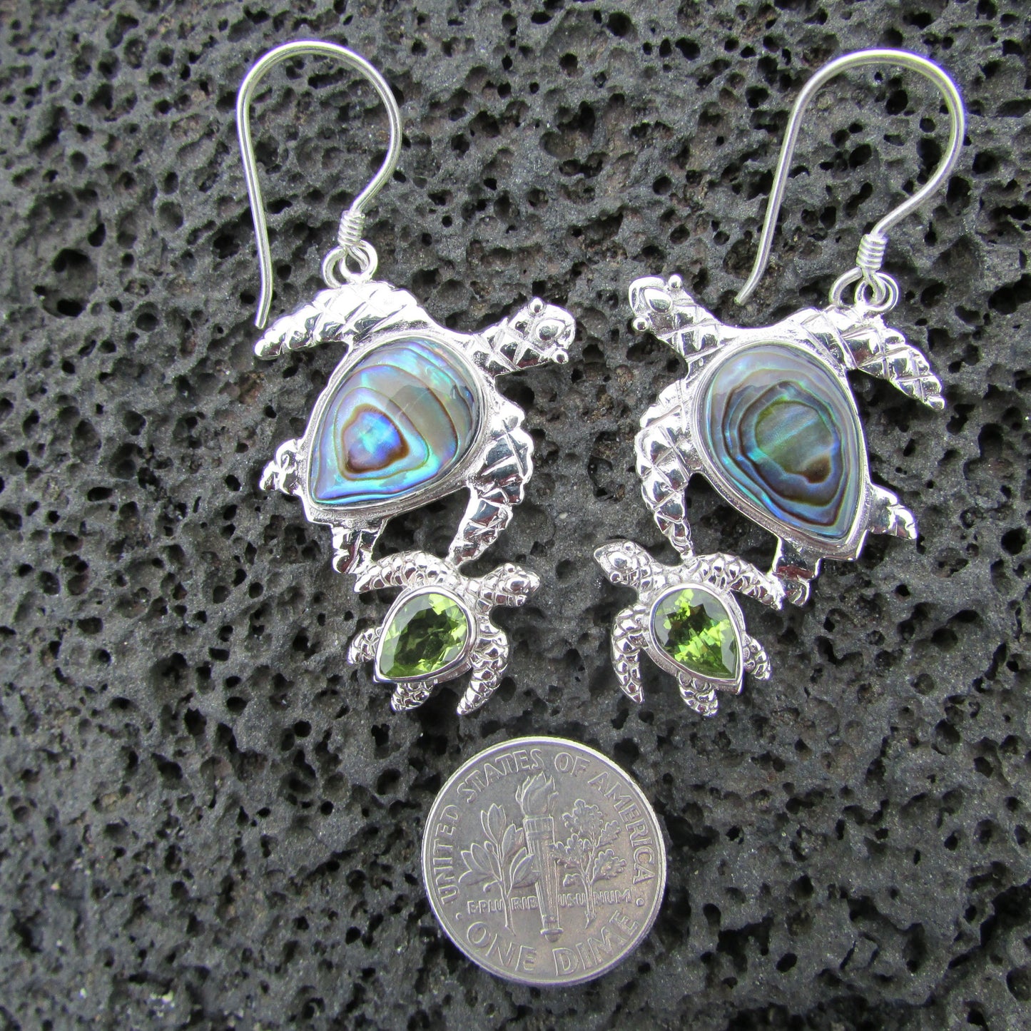 Sea Turtle Earrings | Paua Abalone Shell | Peridot | Sterling Silver | Ocean | Beach | Gift | Jewelry | Handmade | Unique