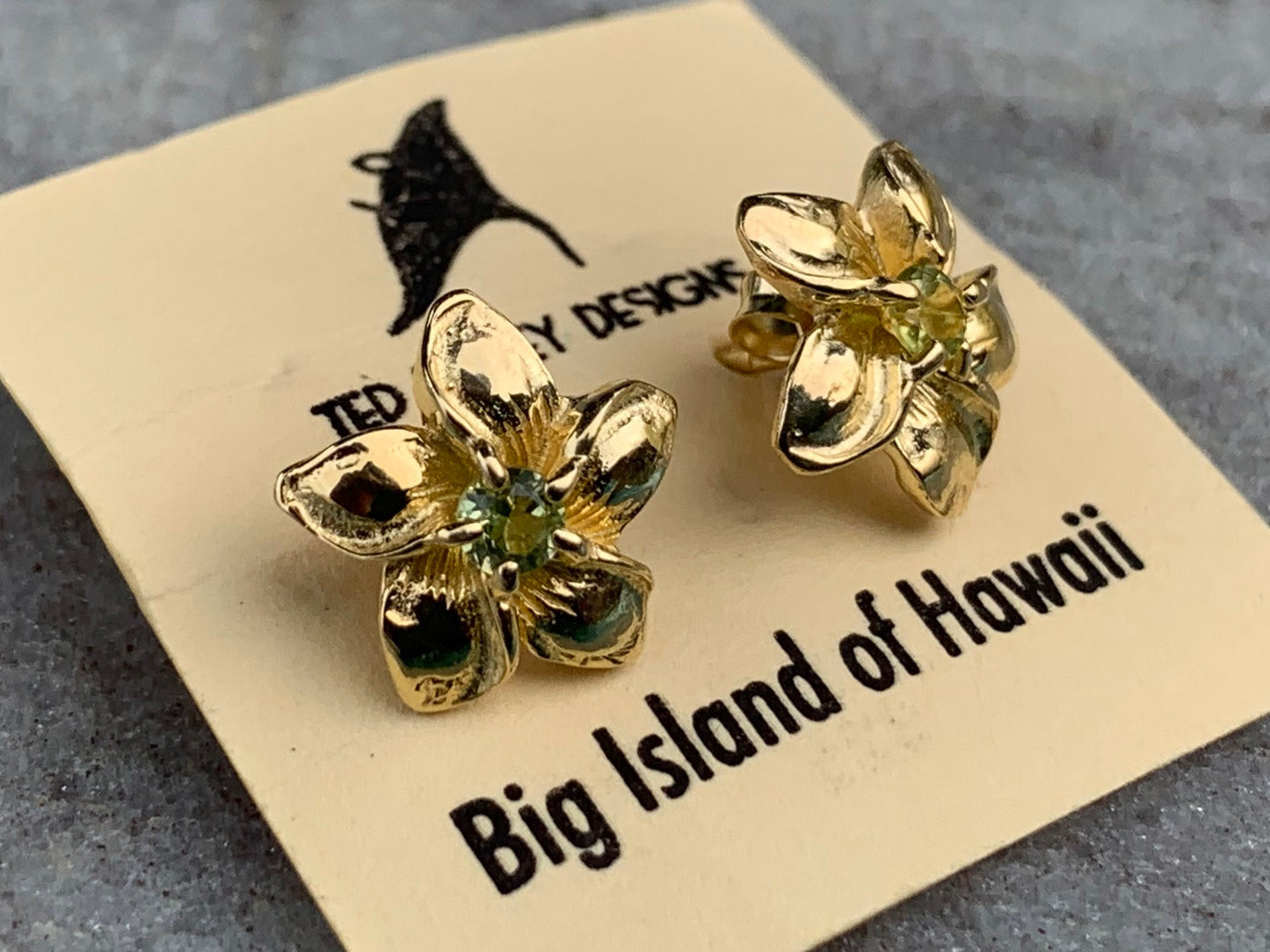 Plumeria Flower Gold Vermeil Earrings Studs. Peridot.