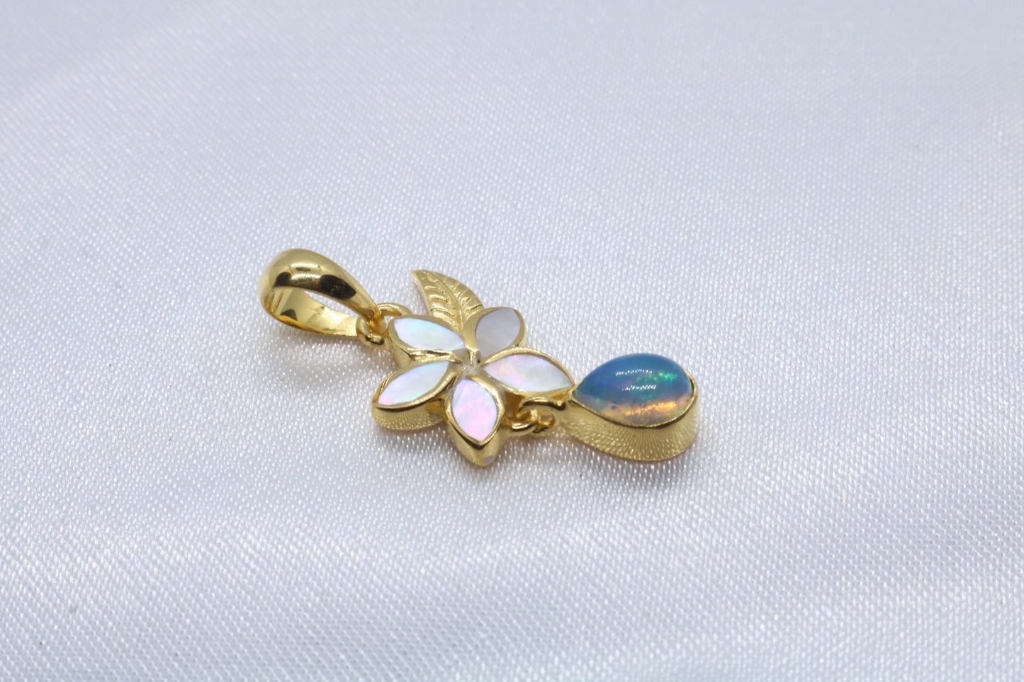 Opal Plumeria Flower 18k Gold Vermeil Mother of Pearl Charm Necklace Pendant