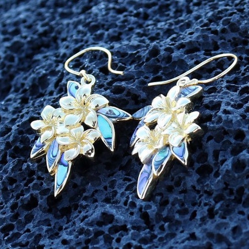 Plumeria Flowers Earrings. 18k Gold Vermeil. Abalone Paua Shell.