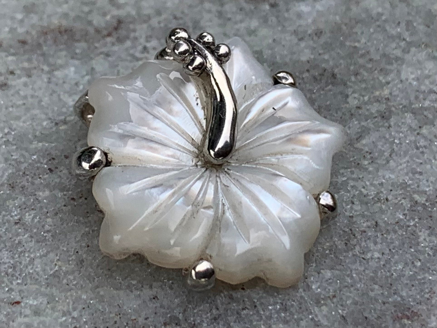Hibiscus Flower Necklace Pendant. Hawaiian State Flower. Sterling Silver, Mother of Pearl