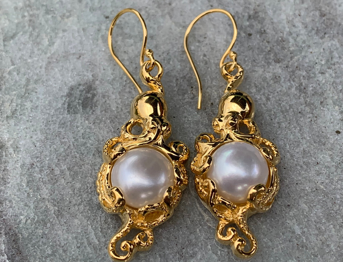 18k gold vermeil white mabe pearl octopus earrings.
