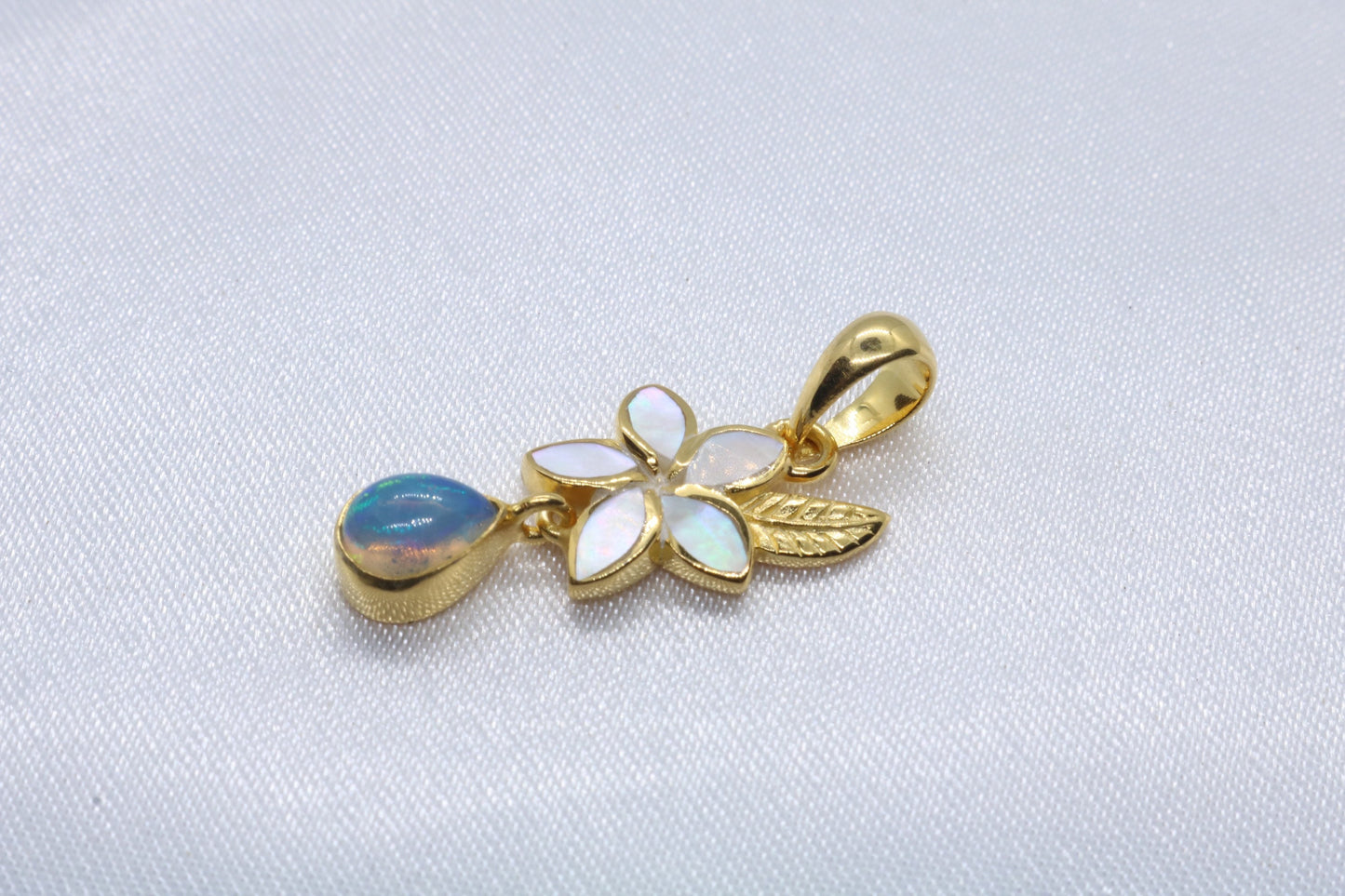 Opal Plumeria Flower 18k Gold Vermeil Mother of Pearl Charm Necklace Pendant