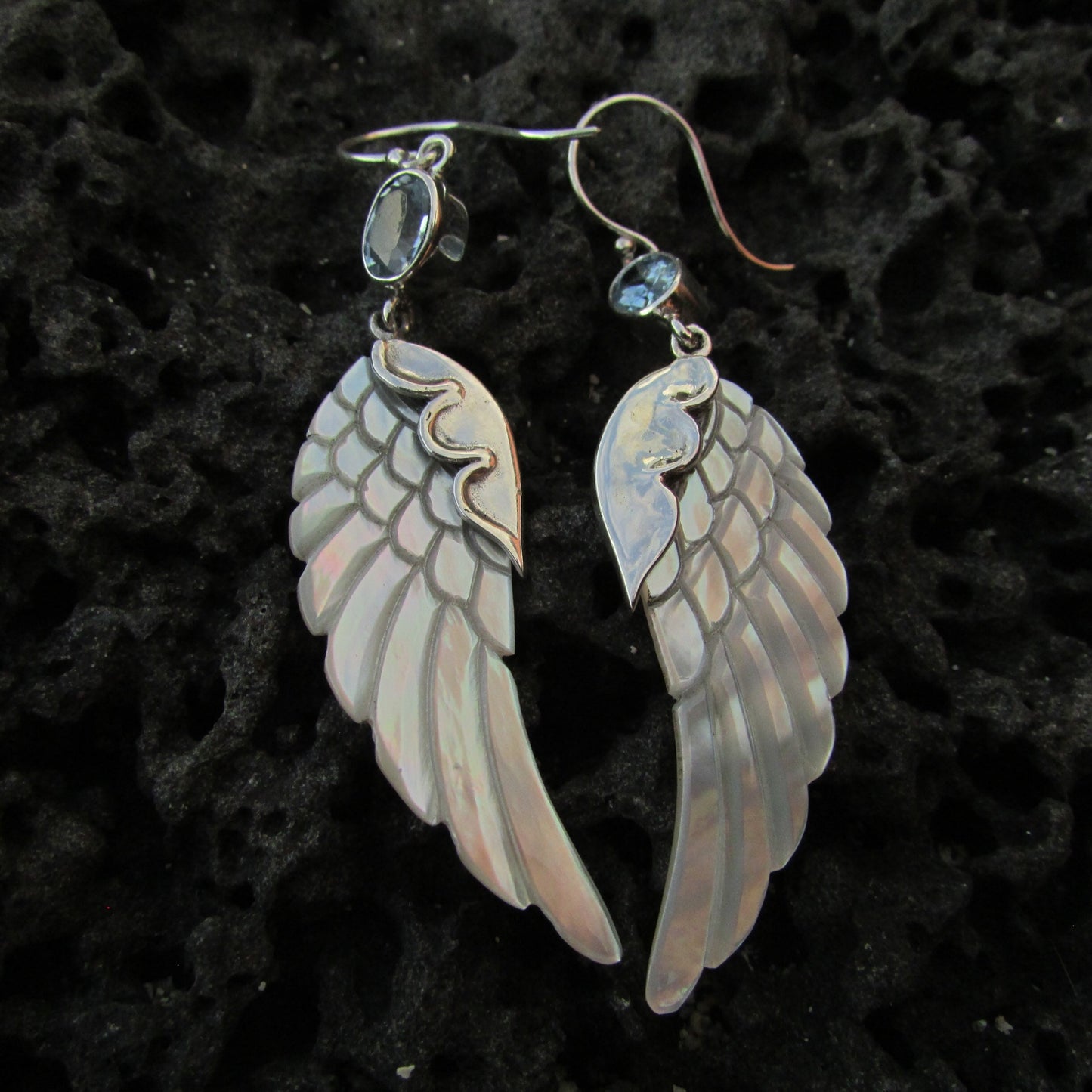 Angel Wings Earrings. Mother of Pearl. Blue Topaz. Sterling Silver.