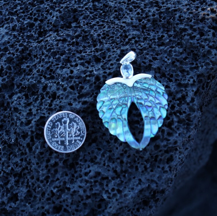 Angel Wings Heart Mother of Pearl Shell Necklace Pendant with Blue Topaz. Sterling Silver.