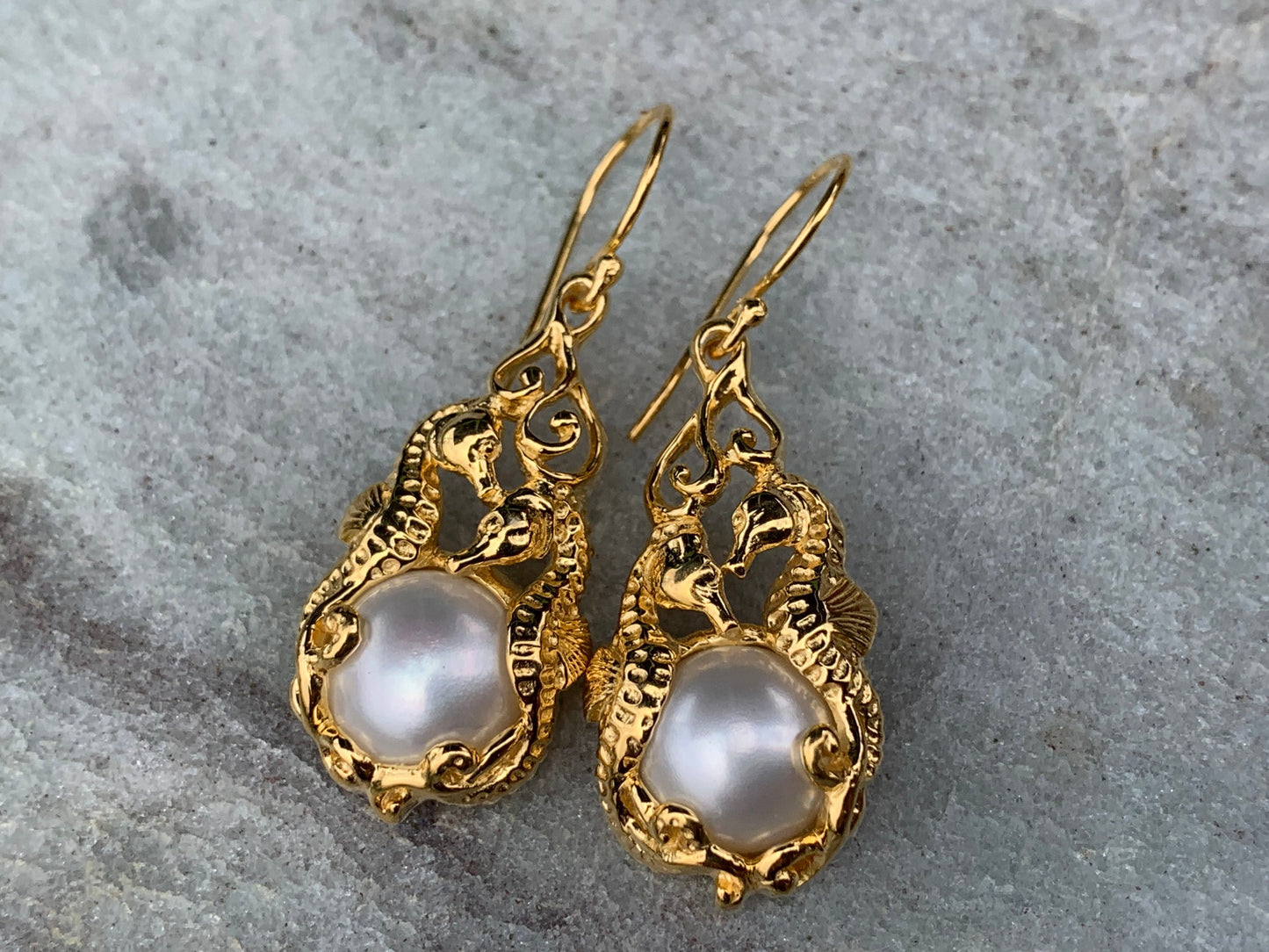 18k gold vermeil white mabe pearl seahorse earrings.