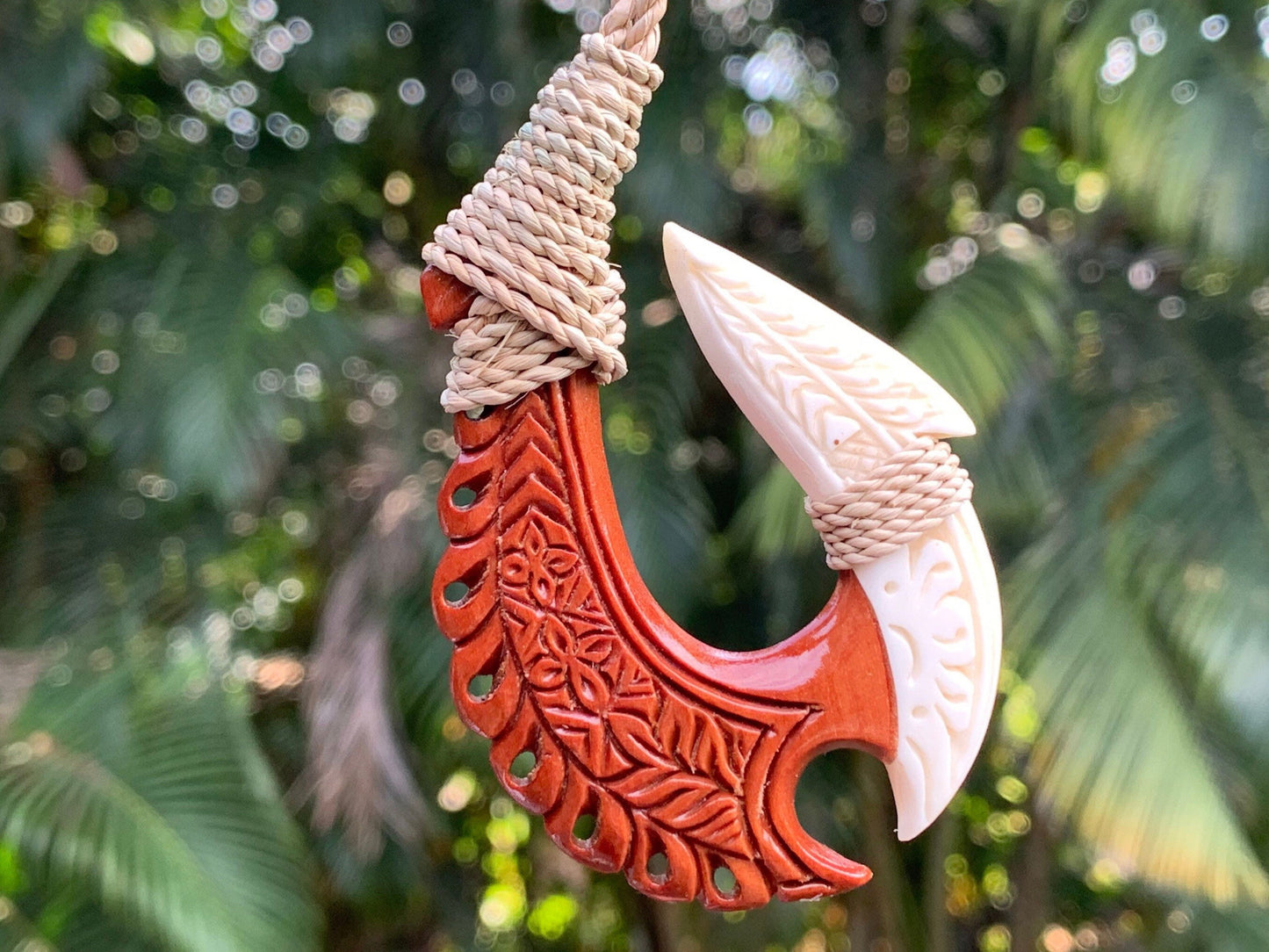 Hawaiian Makau Polynesian Matau Maui Carved Fish Hook Necklace. Bone, Wood.