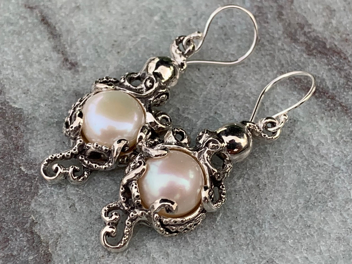 Octopus White Mabe Pearl Silver Earrings