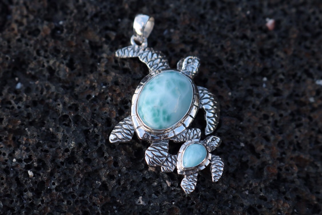 Larimar Turtle and Baby Necklace Pendant Jewelry. Sterling Silver.