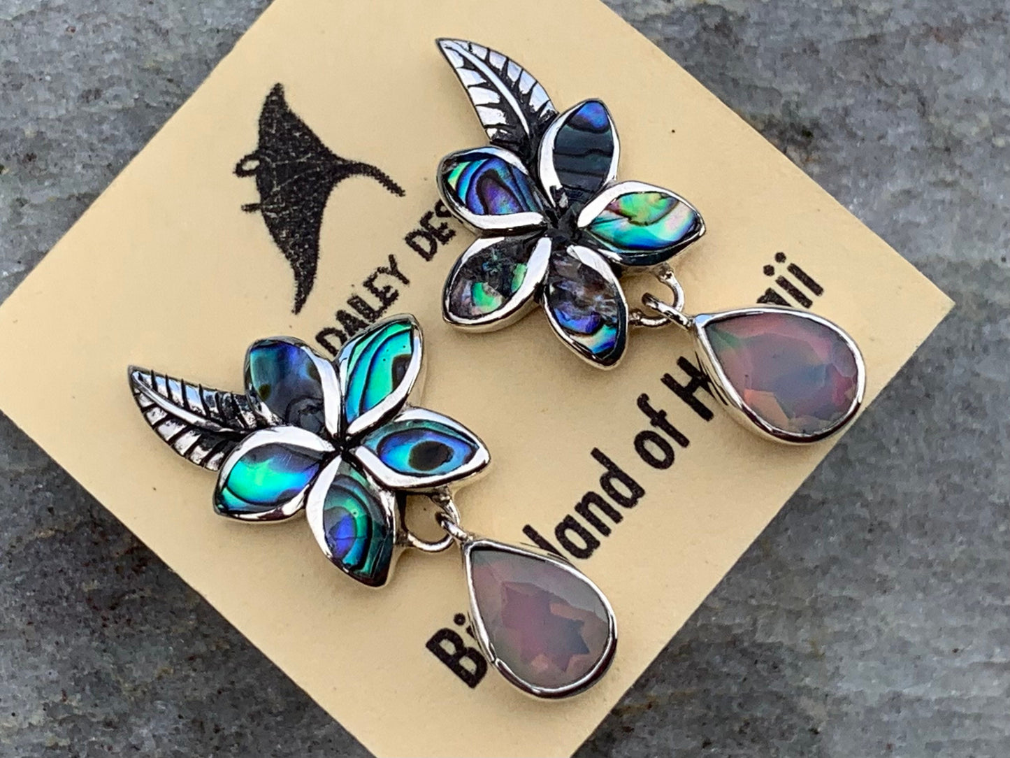 Plumeria Opal Earrings Studs. Abalone shell, Silver.
