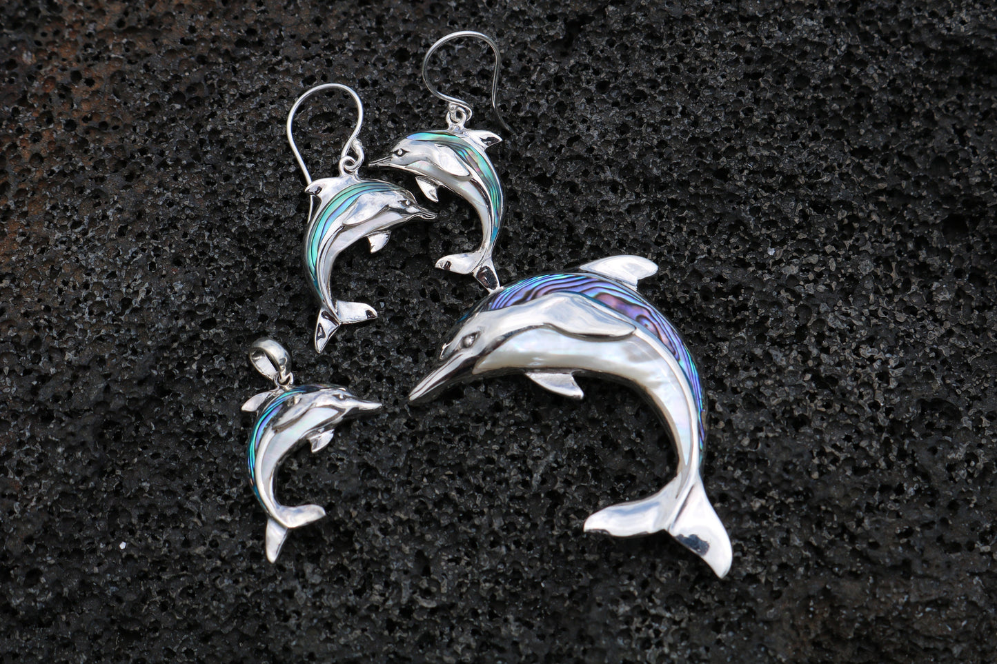 Aumakua Dolphin Necklace Pendant. Abalone Paua Shell, Mother of Pearl, Sterling Silver.
