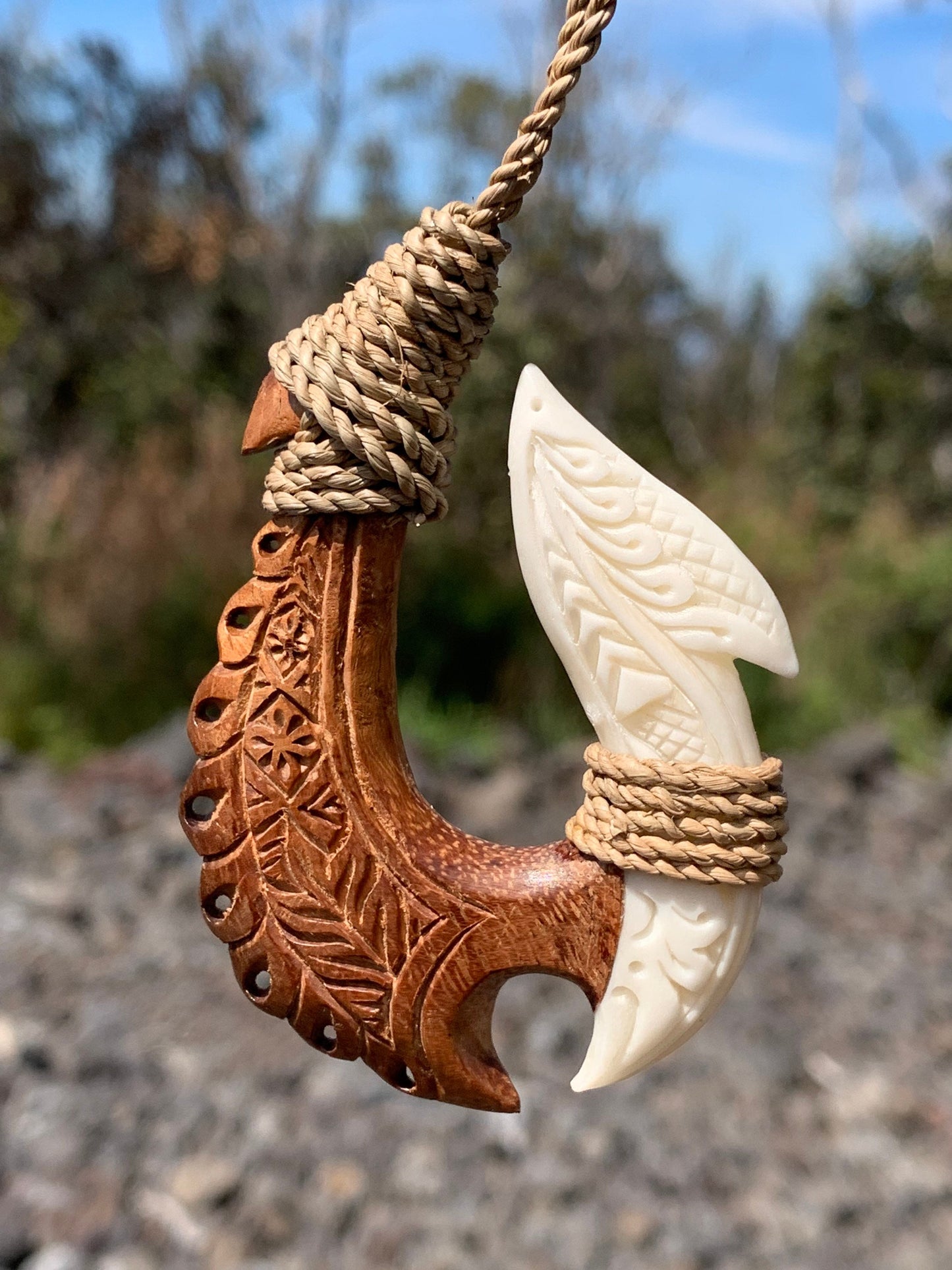 Hawaiian Makau Polynesian Matau Maui Carved Fish Hook Necklace. Bone, Wood.