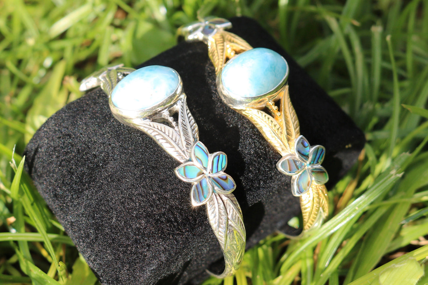 Larimar Cuff Bracelet with Plumeria Flower. Abalone Paua Shell and Sterling Silver.