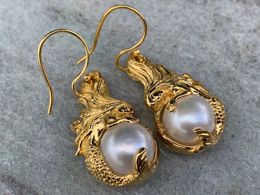 18k gold vermeil white mabe pearl mermaid earrings.
