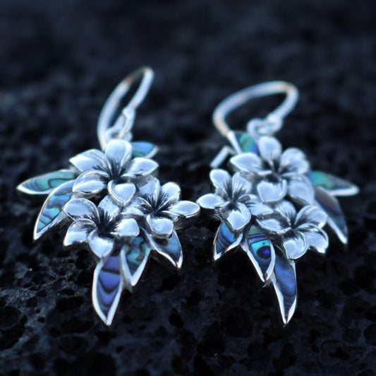 Plumeria Flowers Earrings. Abalone Paua Shell, Sterling Silver.