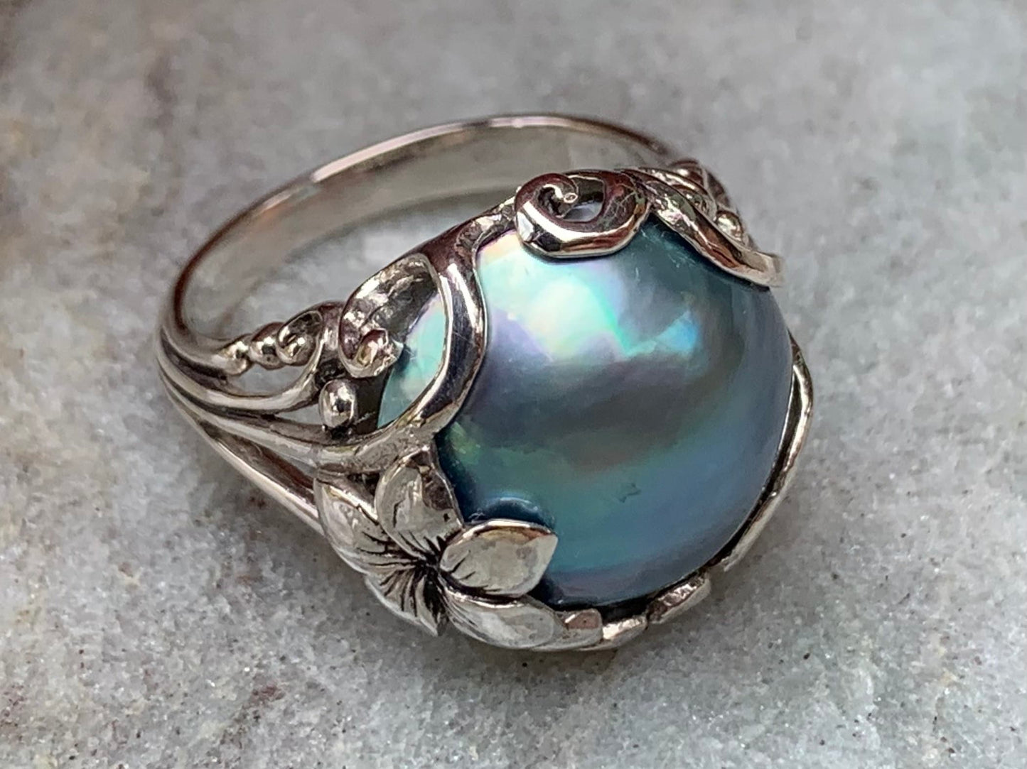 Blue Mabe Pearl Plumeria Flower Silver Ring