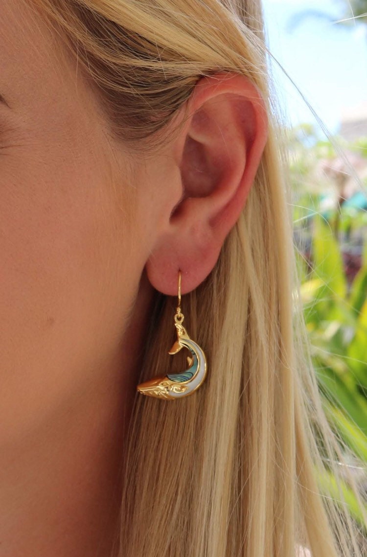 18K Gold Vermeil Whale earrings. Abalone Shell. Mother of Pearl.