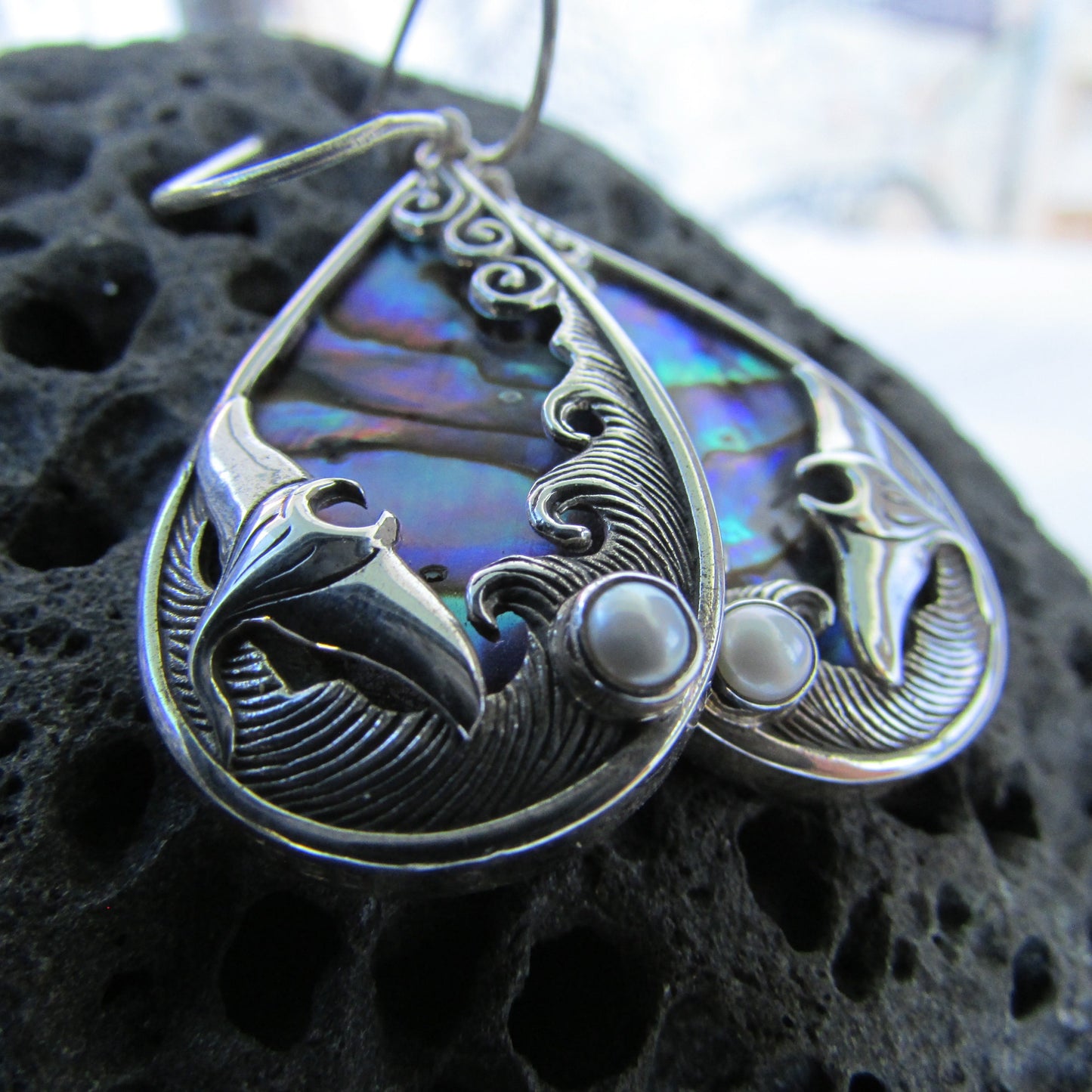 Manta Ray Wave Earrings | Abalone Paua Shell | Pearl | Sterling Silver | Ocean | Beach | Gift | Jewelry | Handmade | Unique