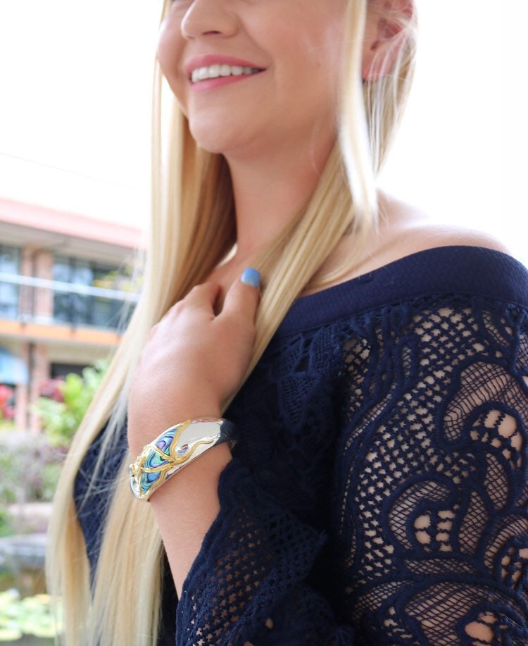 Manta Ray Cuff Bracelet. Sterling Silver, 18K Gold Vermeil Plated, Blue Topaz