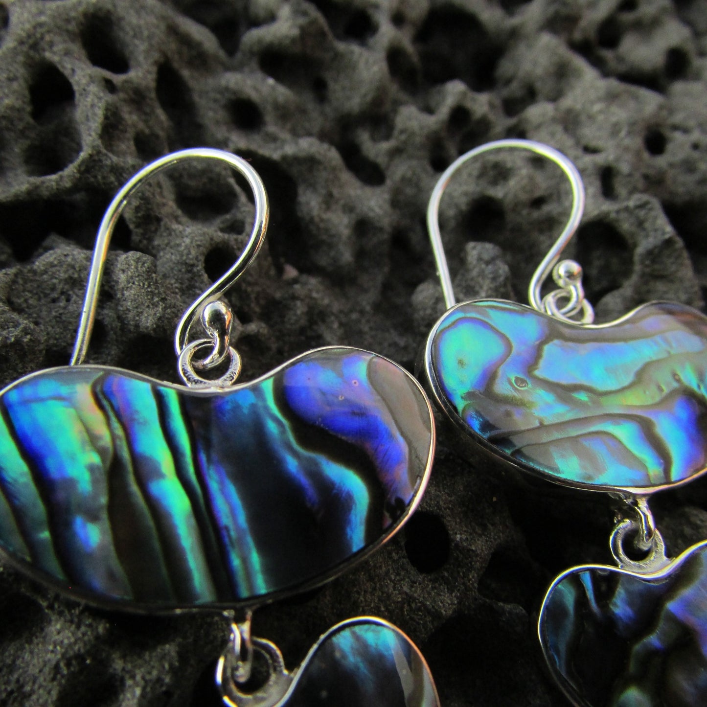 Heart Teardrop Earrings. Abalone Paua Shell. Sterling Silver.
