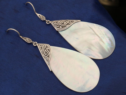 Mother of Pearl Teardrop Earrings Tribal Design. Sterling Silver.