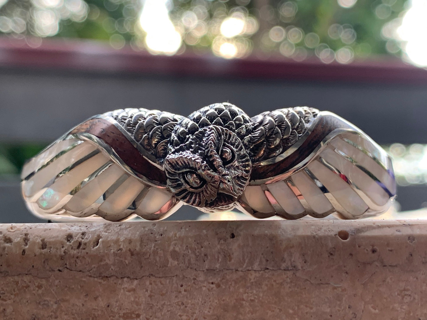 Owl cuff bracelet. Hawaiian Koa Wood. Mother of Pearl. Sterling Silver.