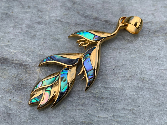 18K Gold Vermeil Heliconia Flower Necklace Pendant. Abalone Shell.