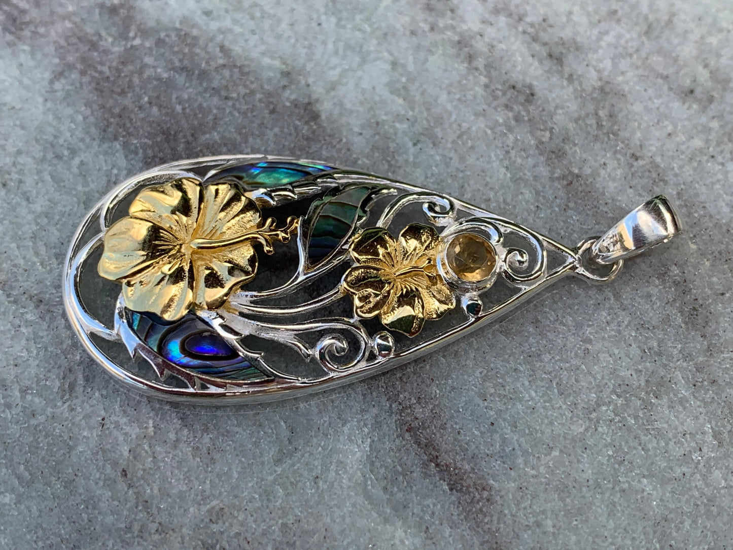 Hibiscus Flower Necklace Pendant. State Flower of Hawaii. Silver, Gold, Abalone Shell, Citrine.