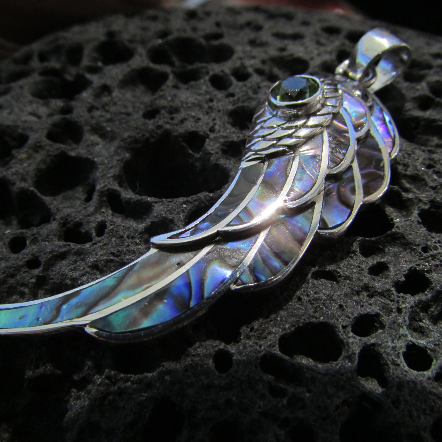 Angel Wing Necklace Pendant. Amethyst, Peridot or Blue Topaz. Abalone Paua Shell. Sterling Silver.