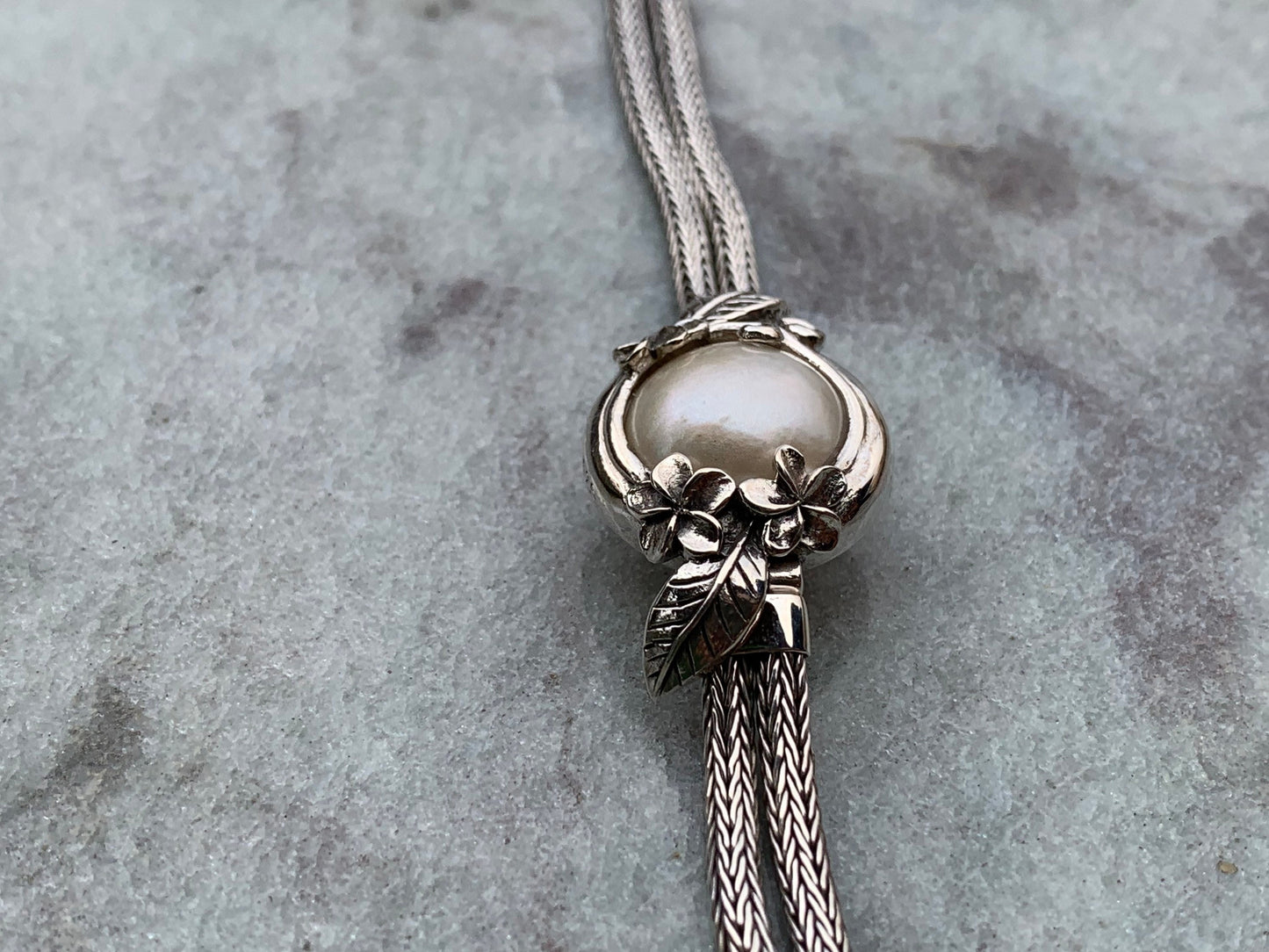 Plumeria Flower White Pearl Mabe Silver Bracelet.