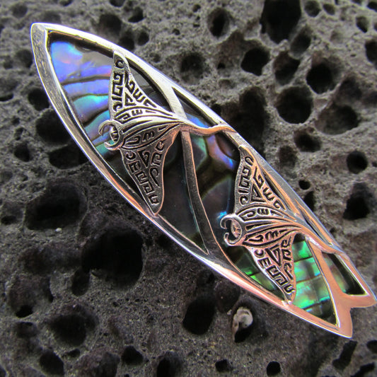 Surfboard Necklace Pendant with Manta Ray Sting Ray Stingray | Sterling Silver | Abalone Shell | Paua Shell