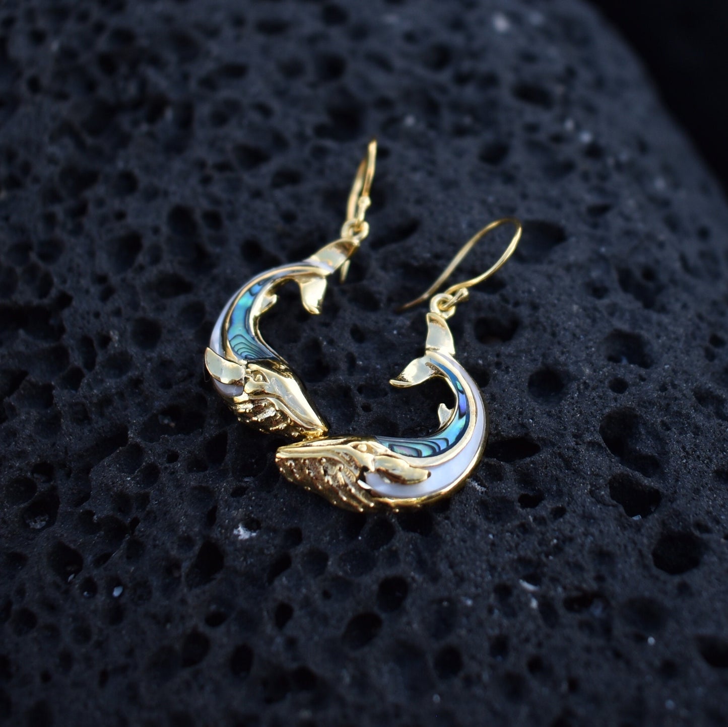 18K Gold Vermeil Whale earrings. Abalone Shell. Mother of Pearl.