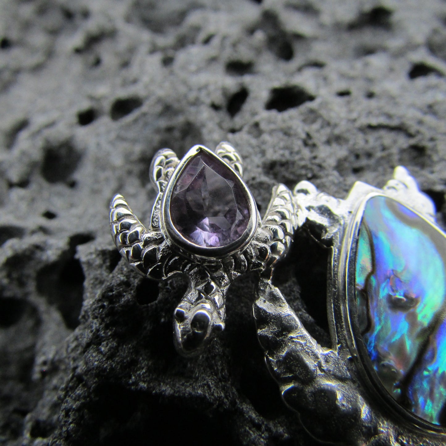 Sea Turtle Necklace Pendant | Paua Abalone Shell | Amethyst | Sterling Silver | Ocean | Beach | Gift | Jewelry | Handmade | Unique