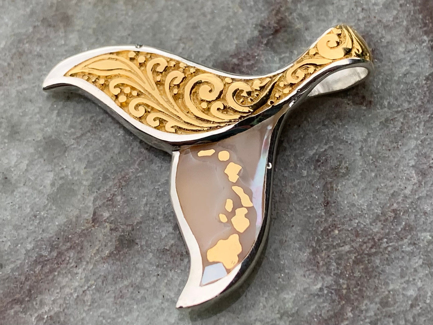 Hawaiian Islands Whale Tail Pendant Necklace. Kauai, Oahu, Maui, Big Island of Hawaii. Gold, Silver, Mother of Pearl.