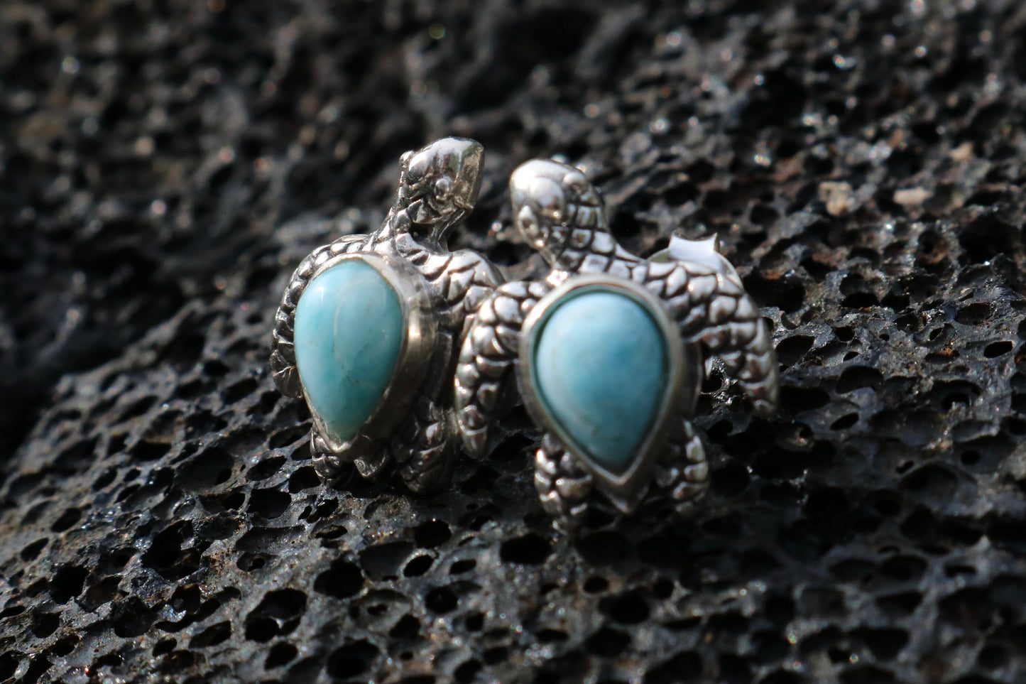 Larimar Turtle Earrings Studs. Sterling Silver.