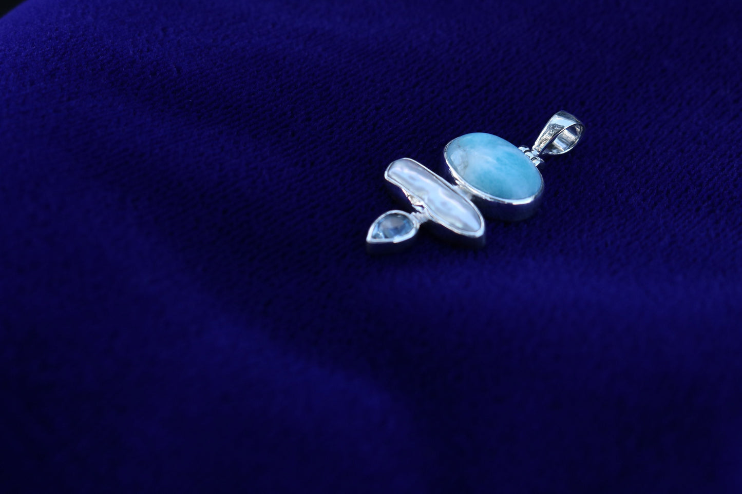 Larimar, Pearl and Blue Topaz Triple Pendant Necklace. Sterling Silver.