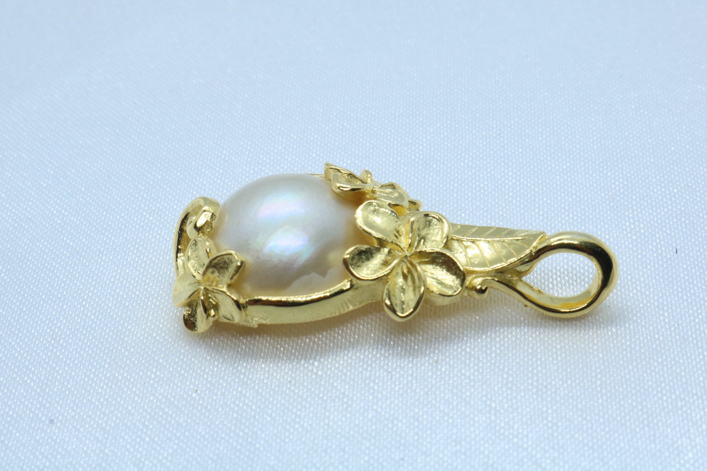 Plumeria Flower 18k Gold Vermeil Mabe White Pearl Necklace Pendant