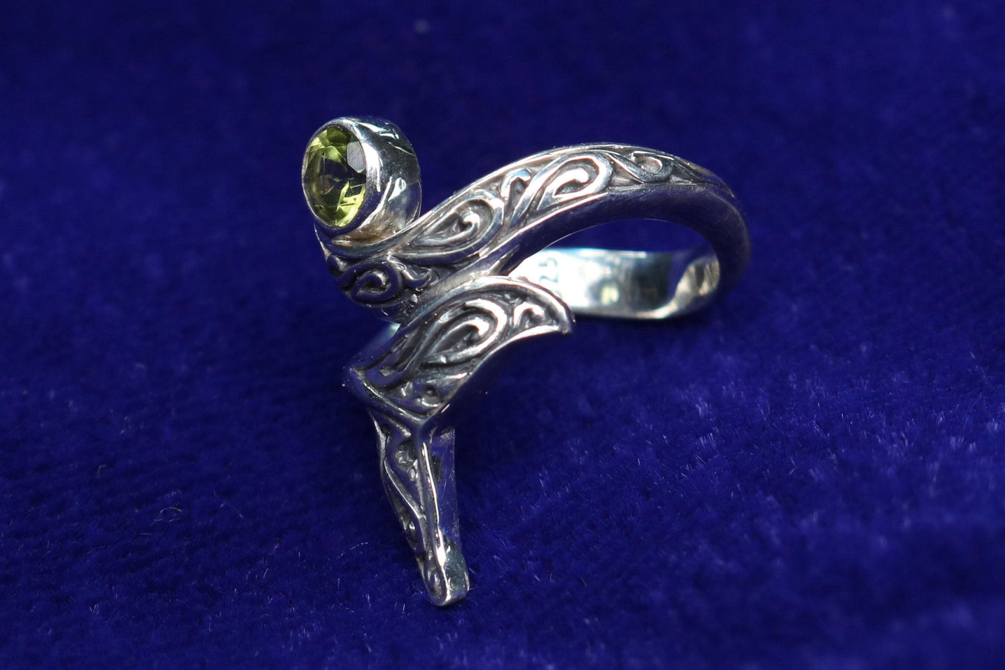 Whale Tail Ring Tribal Polynesian Tattoo Design. Peridot. Sterling Silver.